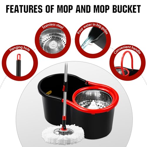 Spin Mop and Bucket with Wringer Set, 360° Spinning Mop Bucket System with 3 Microfiber Mop Replacement Heads and 51" Stainless Steel Adjustable Handle for Floor Cleaning (15QT) - color: Black-4
