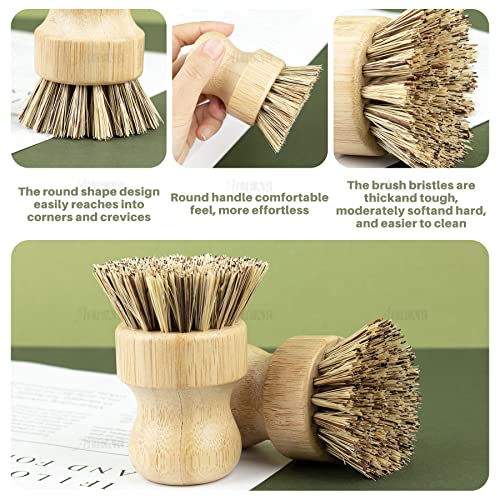 AUEAR, Natural Bamboo Dish Scrub Brush Cleaning Pot Scrubber Brushes Coconut Bristles for Cast Iron Skillet Pots Pans (4 Pack) - color: Deep, size: 4-Pack