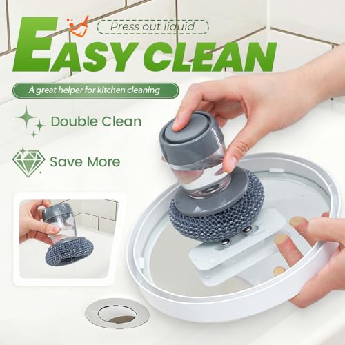 Dish Brush with Soap Dispenser, Soap Dispensing Dish Brush - with PET/Steel Wire Bristles, Kitchen Scrub Brush for Dishes Pots Pans Sinks (Steel Head) - color: Steel Head