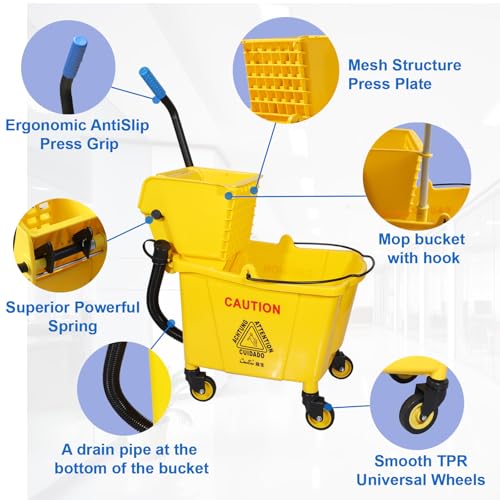35 Qt. Side-Press Mop Bucket and Wringer Combo on Wheels Yellow for Professional/Industrial/Business Heavy-Duty Floor Cleaning/Mopping,Including Industrial Mop and Rubber Gloves