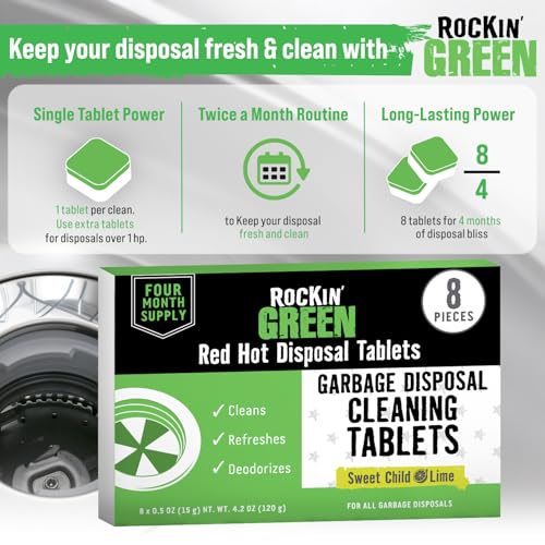 Rockin' Green Deep Cleaning and Deodorizing Tablets for Dishwashers, Washing Machines, and Garbage Disposals, Removes Odor and Residue (Garbage Disposal Cleaning Tablets, 8 Pack) - size: 1 Count (Pack of 8), style: Garbage Disposal Cleaning Tablets