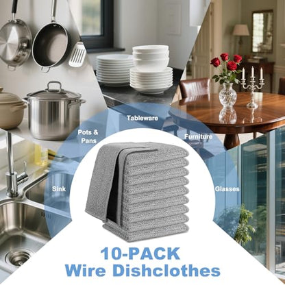 10pcs New Upgrade 2-Layer Microfiber Wire Dishcloth,Non-Scratch Wire Dishwashing Rags for Wet and Dry,Metal Scrubbers, Kitchen Miracle Cleaning Dish Rags for Cookware,Sinks, Dishes,Stove,Grey - color: 10pcs Grey