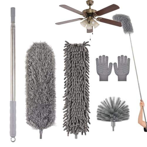 Microfiber Feather Duster 5-in-1 Kit with Extension Pole, Washable Cleaning Duster Set with 3 Duster Heads, Cobweb Duster, Corner Brush, 100'' Extendable Long Duster for High Ceilings, Fans, Furniture - size: 5PCS: Cobweb Brush & Chenille Duster & Gloves