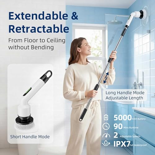 Electric Spin Scrubber, Cordless IPX7 Waterproof Cleaning Brush with Dual-Hook Design, 7 Replaceable Brush Heads, Adjustable Telescopic Handle & 2 Speeds for Bathroom, Kitchen, Floor