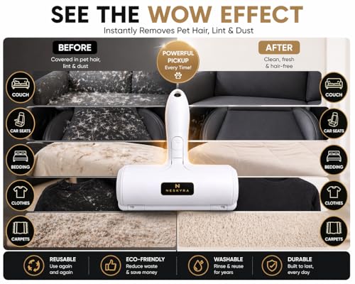 Pet Hair Remover Roller for Couch, Carpet, Furniture & Clothes – Reusable Lint Roller for Dog & Cat Hair – Washable Portable Fur Remover for Home & Car