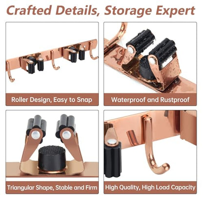 3 Racks and 4 Heavy Duty Hooks Mop and Broom Holder Wall Mount, Stainless Steel Broom Organizer Storage Utility Tool Racks for Home, Kitchen, Garage, Laundry Room. Rose Gold - color: Rose Gold