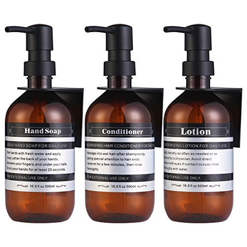 Dispenser Bottle for Bathroom Kitchen Refillable for Shampoo Conditioner Hand Dish Soap Lotion Oil Shower Soap Bottles with Pump, 17oz, 500ml, 3 Pack (with wall Mount, Amber) - color: Amber, size: With wall mount