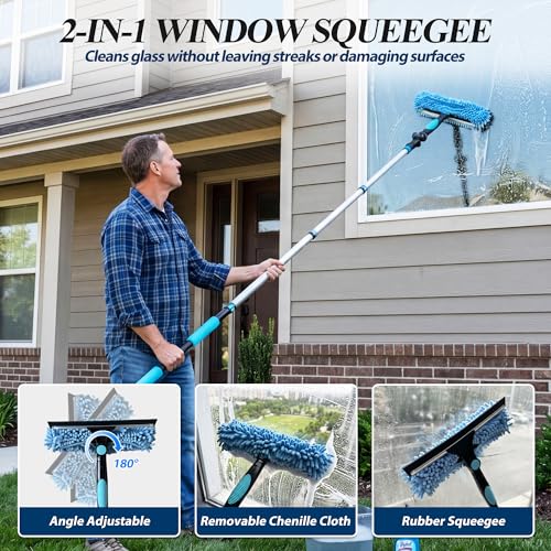 COVERONICS 25FT High Duster Cleaning Tools with 5-20FT Extension Poles - Reusable Fan Duster Cleaning Kits with Ceiling Fan Cleaner Duster, Window Squeegee, Microfiber Feather Duster & Cobweb Duster - size: 20FT
