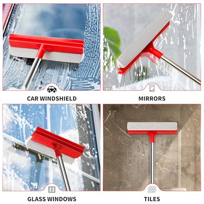 Window Squeegee with 18.5"-28.5" Retractable Handle, 2-in-1 Squeegee for Window Cleaning Tool for Cars, Trucks, Glass Doors, Shower, Outdoor Windows – Window Cleaner (Red)