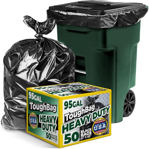 ToughBag 95-96 Gallon Extra-Large Trash Bags, 61x68” Black Garbage Bags, 1.2 Mil Thick (50 COUNT), Heavy-Duty Outdoor 95 Gallon Trash Bags – for Storage, Custodial, Landscape - Made In USA