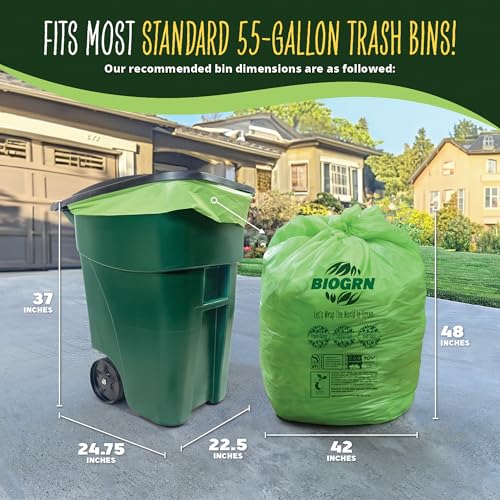 50-55 Gallon Compostable Trash Bags, 12 Count, 1.57 Mil Heavy Duty Flat Top Large Trash Bags for Lawn, Leaf, Yard Waste & Outdoor Garden Cleanup, ASTM D6400 BPI & OK Compost HOME Certified - color: 55 Gallon, Flat Top, 12 Count