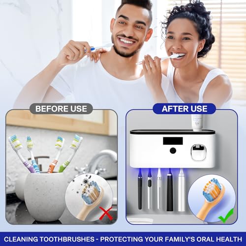 Punch-Free Wall Mounted Bathroom Toothbrush Holder, 5 Toothbrush Slots, Bathroom Toothbrush Sterilizer with Toothpaste Dispenser USB Charging Toothbrush Holder (White) - color: White