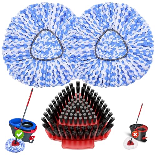 Fatmass Spin Mop Head Replacement for O Cedar RinseClean 2-Tank System,2 Mop Replace Heads + 1 Upgrade Scrubber Brush, 100% Microfiber Mop Refills Deep Cleaning Machine Washable - size: Small (2 Mop Heads+1 Brush)