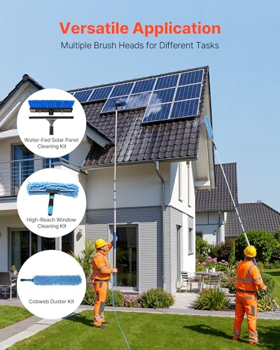 VEVOR Solar Panel Cleaning Kit, 24 ft, Water Fed Pole Kit with Cleaning Brush, Soap Dispenser, Extendable Aluminum Telescopic Pole, 180° Rotatable Brush Head, for Roof Mounted Solar Panels, Windows - size: 24 Ft
