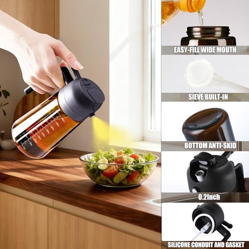 OURCABECUE Upgraded Made Oil Sprayer for Cooking 2 Set, Dark Brown 2 in 1 Spray and Pour Olive Oil Dispenser 16oz 470ml Glass Oil Spray Bottle, Mist Olive Oil Dispensing with Scale & 8 labels - color: Brown Bottle-Black Cap Scale