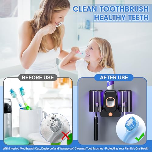 2Cups Wall-Mounted Toothbrush Sterilizer Holder with Toothpaste Dispenser - 4 Slots,3 in 1 Toothbrush Cleaner, No Drilling, USB Charging, Ideal for Family Bathroom (Black-Double Cup) - color: Black-double Cup