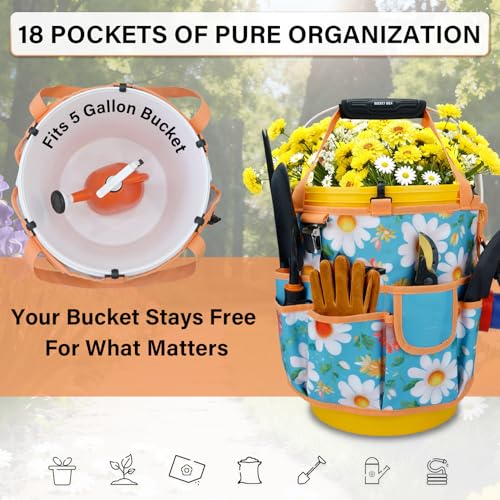 KUNN 5 Gallon Bucket Organizer 18-Pocket Tool Bag with Hangable Handle | Heavy-Duty Garden Caddy & Bucket Accessory for Gardening Tools, Orange - style: Sunny Daisy