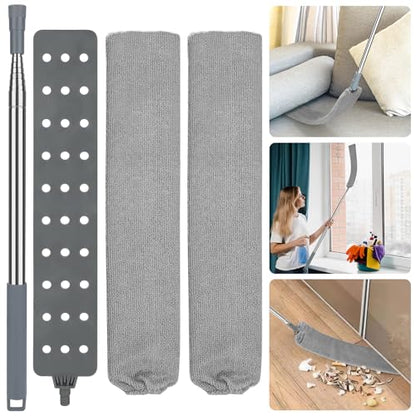 Retractable Gap Dust Cleaner with 15-98 Inch Extension Pole, Flat Duster for Under Appliances and Furniture, Includes 2 Washable Microfiber Pads for High Ceilings and Hard to Reach Spaces