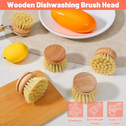 12 Pcs Bamboo Dish Brush Replacement Heads, Small Wooden Dish Brushes for Cleaning Natural Sisal Bristle Refills Eco Friendly Wood Compostable Scrubber Heads for Kitchen Dishes Cleaning Supplies