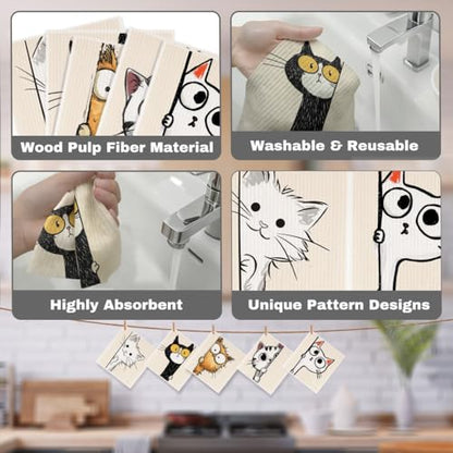 5 Pcs Cartoon Cute Peeking Kitten Swedish Dishcloths, Kitty Swedish Dishcloth, Funny Cat Dish Cloths for Drying Dishes, Reusable Cleaning Cloths, Cat Lover Gifts for Women 1 - color: Lm 03432