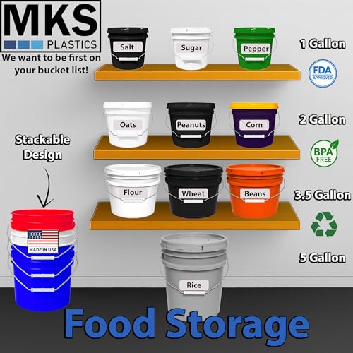 MKS Plastics 5-Gallon Bucket with Airtight Lid – Made in USA, Food Grade BPA Free Plastic, Heavy Duty Multi-Use, Metal Handle with Grip, Stackable Storage – Silver, 6 Pack - color: Silver, size: 6