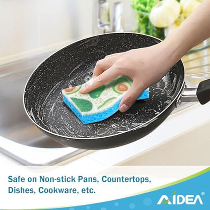 AIDEA Sponges Kitchen, Non-Scratch Scrub Sponge-6Count, Sponges for Non-Stick Cookware, Cellulose Sponge for Dishes, Cleans Fast Without Scratching, Cleaning Power for Kitchen, Bathroom, Household - color: Printed-blue
