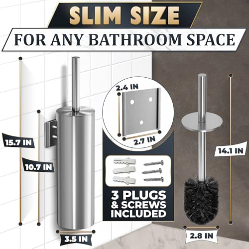 Silver Modern Toilet Brush and Holder Set with Wall Mount - Stainless Steel Toilet Brush with Holder - Removable Inner Bowl, Shiny Design, Splash Protection & Dense Bristles for Bathroom Cleaning - color: Silver Wall-mounted