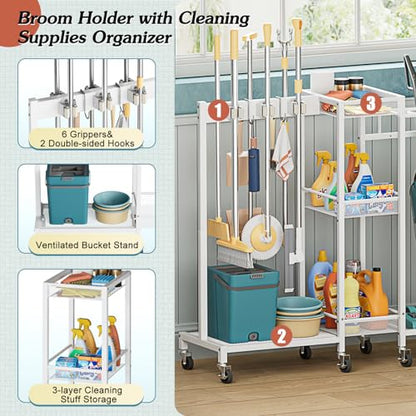Broom Holder with Cleaning Supplies Organizer, Broom Closet Storage Cabinet with Cleaning Caddy Vacuum Stand, Cleaning Cart with Mop Hanger Gripper Rack Hook, Laundry Room Organization Home Essentials - color: White