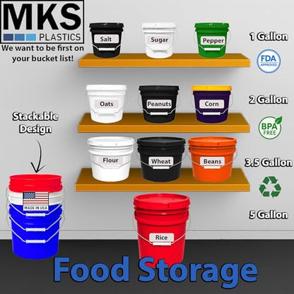 MKS Plastics 5-Gallon Bucket with Airtight Lid – Made in USA, Food Grade BPA Free Plastic, Heavy Duty Multi-Use, Metal Handle with Grip, Stackable Storage – Red, 6 Pack - color: Red, size: 6