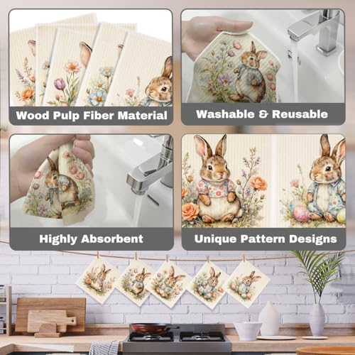 5 Pcs Cute Bunny & Flower Swedish Dishcloths, Rabbit Themed Swedish Dishcloth, Artistic Dish Cloths for Drying Dishes, Reusable Cleaning Cloths, Housewarming Gifts for Women - color: Lm 04240
