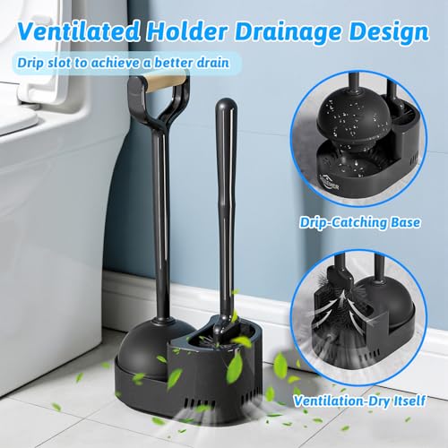 Sellemer Toilet Brush and Plunger Set, Curved Design Head for Deep Cleaning, Heavy Duty Toilet Bowl Brush and Plunger Combo with Holder for Bathroom Cleaning, Black, 2 Pack - color: Black