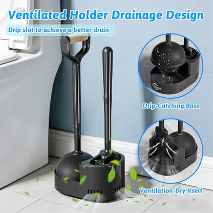 Sellemer Toilet Brush and Plunger Set, Curved Design Head for Deep Cleaning, Heavy Duty Toilet Bowl Brush and Plunger Combo with Holder for Bathroom Cleaning, Black, 2 Pack - color: Black