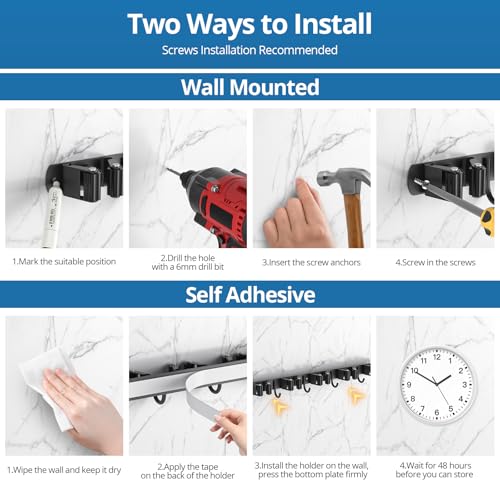 2 Pack Mop and Broom Holder Wall Mount, 5 Racks and 4 Hooks Broom Organizer Storage Garage Tool Racks Wall Mounted Mop Hanger for Home Kitchen Garden Laundry (Black)