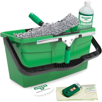 Unger AK015 Window Cleaning Kit PRO Set - Power Washer Sleeve, ErgoTec Squeegee, Bucket 18L, Liquid Glass Cleaner 1L, Safety Glass Scraper, Microfibre Cloth - Professional Window Cleaner, Green
