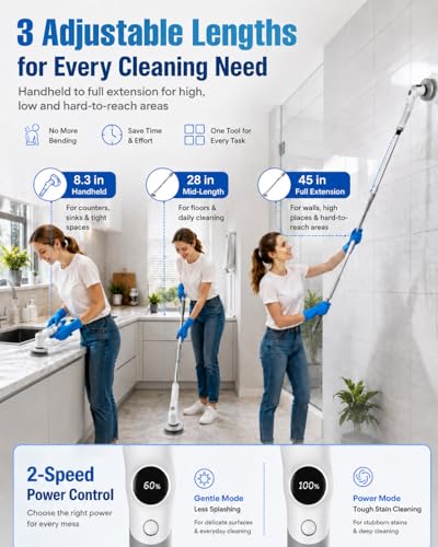 Electric Spin Scrubber, 2026 Electric Scrubber for Cleaning 4000mAh 2 Speed Shower Scrubber with Adjustable Handle IPX7 Waterproof Long Runtime Scrub Brush with 5 Heads for Bathroom Kitchen Tub