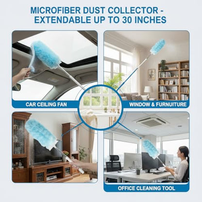 Microfiber Duster for Cleaning, Extendable Pole, Up to 30 Inch Reachable, Cleaning Tools for Car, Ceiling Fan, Window, Furniture, Office(Blue) - color: Blue