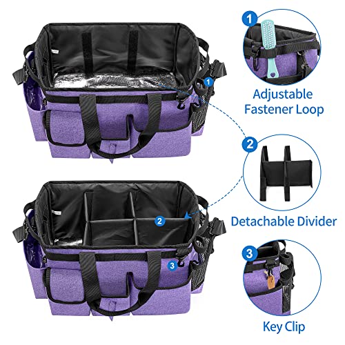 LoDrid Large Wearable Cleaning Caddy Bag with Detachable Divider, Cleaning Supply Tote Organizer with Handles and Adjustable Shoulder Strap for Cleaners & Housekeepers, Purple - color: Purple