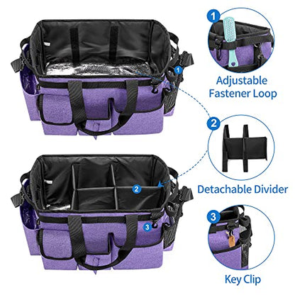 LoDrid Large Wearable Cleaning Caddy Bag with Detachable Divider, Cleaning Supply Tote Organizer with Handles and Adjustable Shoulder Strap for Cleaners & Housekeepers, Purple - color: Purple
