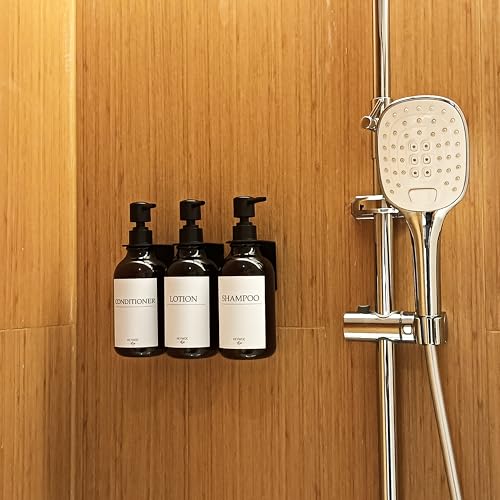 Shampoo Dispenser for Shower Wall, Shampoo and Conditioner Dispenser with 16 Waterproof Labels, No Drill Shower Soap Dispenser Bathroom, Shower Soap Dispenser Wall Mounted,17oz, 3 Pack, Amber - color: 1-amber Bottle + Black Pump