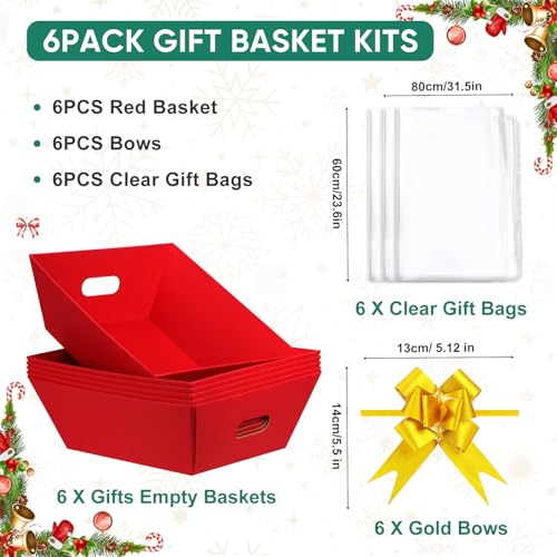 AFOROEOA 6PACK Red Baskets For Gifts Empty, 10x12”Thick Gift Basket with 6Bows 6Bags Empty Gift Baskets for Christmas, Easter, Birthdays, Valentine’s Day Wrapping Gift - color: 6PACK Red