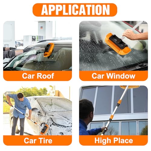 LAANPOLE 12FT Car Wash Brush with Long Handle, Car Cleaning Brush with 12 Inch Soft Bristle and Soap Dispenser, Solar Panels Cleaner with Telescoping Pole for RV, Truck, Boat, House Siding, Orange - color: Orange