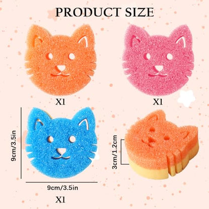 3 Pack Cute Cat Dish Sponge, Dual-Sided Cleaning Reusable Scrubbing Sponges for Dishes, Cat Kitchen Accessories Dishwashing Sponge Scrubbers Kitchen Things Car Wash Sponges Non Scratch - color: 3 Pcs Cat