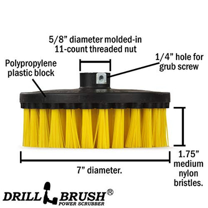 Bathroom Accessories - Cleaning Supplies - Boat Brush - Deck Scrub Brush – 7in - Medium Yellow Bristles - Variable Speed Polisher - 5/8 x 11 Threaded Hub - Tile - Shower Cleaner - Porcelain – Flooring - color: Yellow