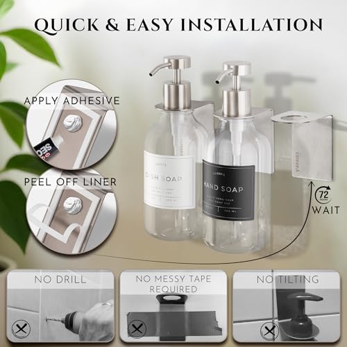 Wall Mount Soap Dispenser Holder, 2 Pack – 304 Stainless Steel, 2.95"×1.97"×2.56", 1.1" Neck Fit, No-Drill Peel & Stick Adhesive, Rustproof, Fits LUSSPA Bottles (Brushed Silver) - color: Brushed Silver