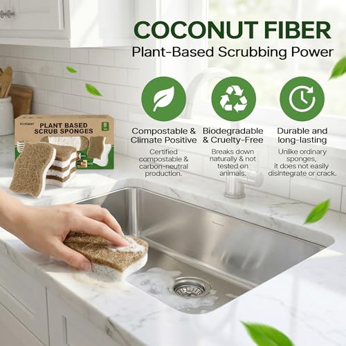 9 Pack Kickleen Biodegradable Natural Kitchen Sponges - Compostable Cellulose and Coconut Walnut Scrubber Sponge - Eco Friendly Sustainable Sponges for Dishes (9 Pack)