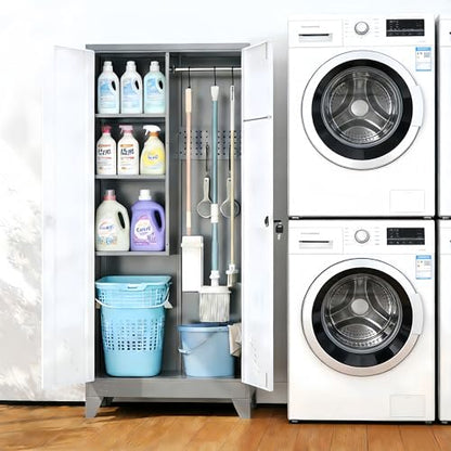 Broom Closet Storage Cabinet, Metal Garage Storage Cabinet with 2 Doors & Pegboard, 61" Utility Cabinet with Hanging Rod, Tool Cabinet for Garage, Laundry Room, Home Office, White-Gray - size: 61" Garage Cabinets
