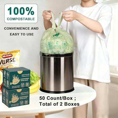 HECTOLIFE 2.6 Gallon 100 Count,Compostable Bags Handle Tie,Tear Resistant Kitchen Food Scrap Waste Bag, ASTM D6400, US BPI and Europe OK Compost Home Certified - style: 2.6 Gal (100 Count)