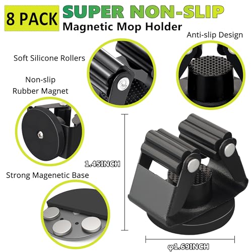 ULIBERMAGNET Magnetic Mop Broom Holder,Heavy Duty Movable Magnetic Broom Holder Rack,Anti-slip Wall Mounted Utility Storage Mop Shovel Hanger for Garage, Kitchen, Laundry, Garden(8 Pack/Black) - style: 12LB 8PCS Magnetic Mop Holder