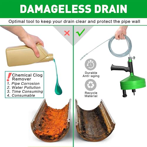 BACOENG 33Ft Drain Auger, Heavy Duty Plumbing Snake with Drill Adapter, Use Manually or Powered for Drain Clog, Shower Sink, Comes with Gloves and Bag (Green) - color: Green-33FT