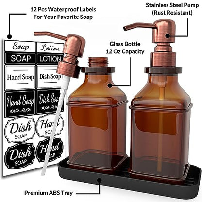 LMQML Soap Dispenser - 2 Pack, Antique Design Thick Amber Glass Hand Soap Dispensers with Sturdy Tray; 304 Rust Proof Stainless Steel Black Pump, 12Pcs Stickers, for Kitchen, Bathroom -Brushed Copper - color: Brushed Copper
